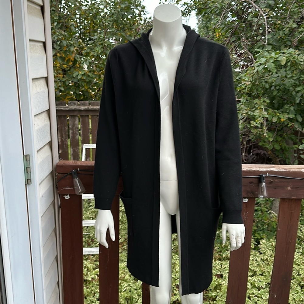 TWIK Size, large, long, black hooded cardigan with pockets like new